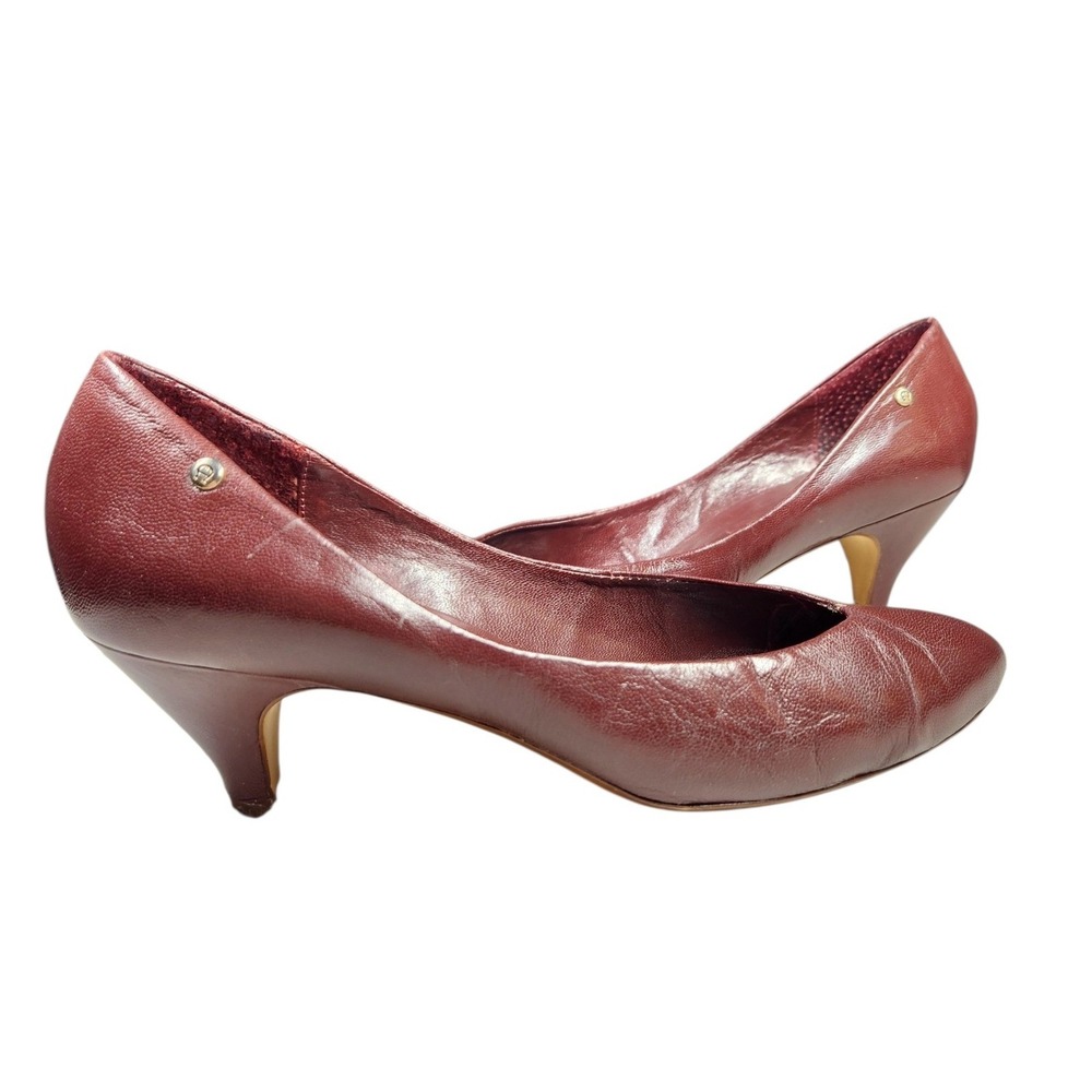 Etienne Aigner Vintage 80s Oxblood Red Leather Heels Pointed Toe Gold Logo Lux 7